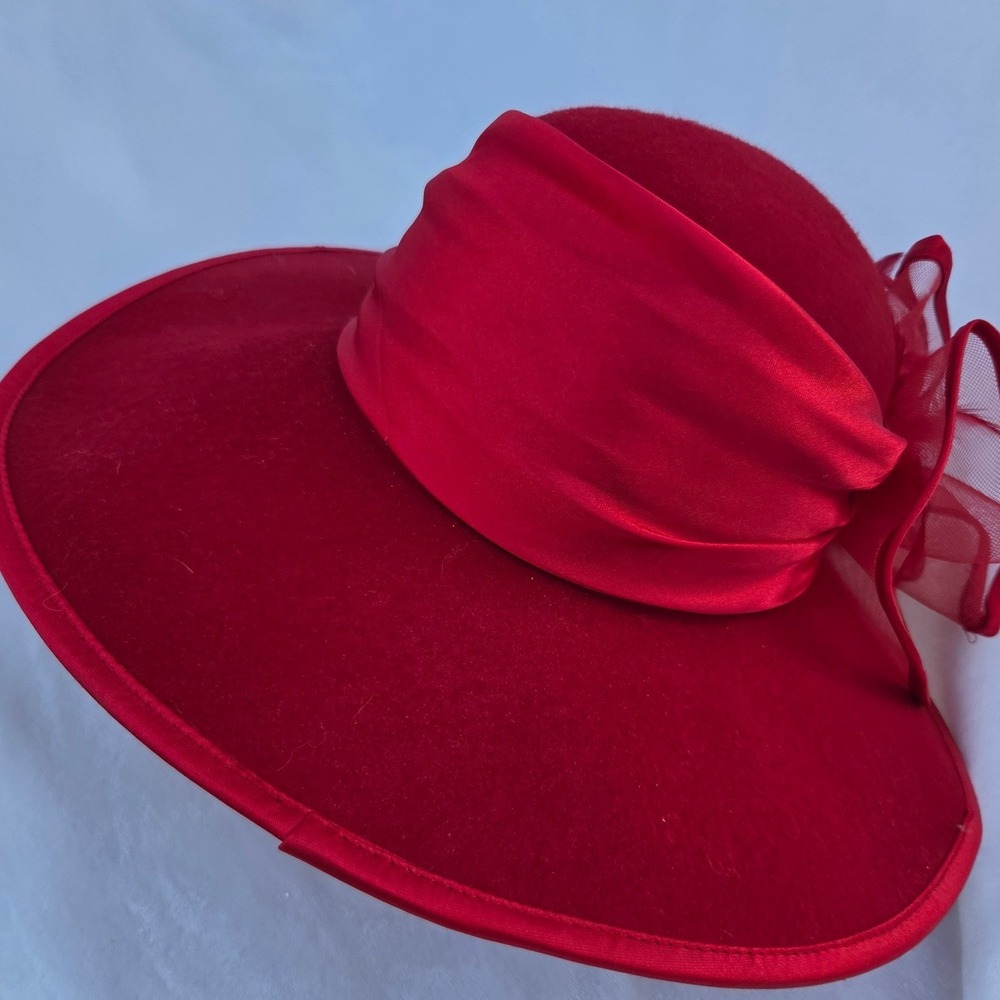 Hat Women Red Wide Brim Dress Church Wedding Felt Satin Mesh Bow Feather Elegant